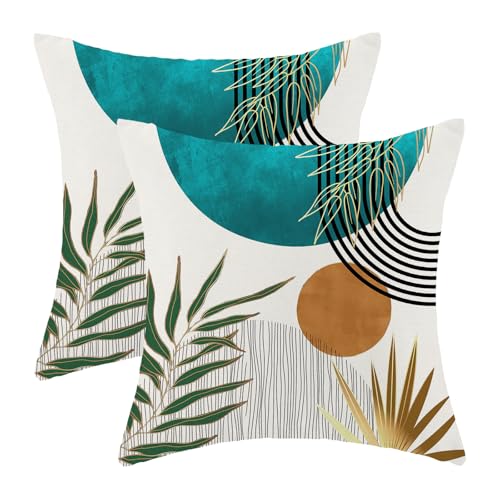 Boho Pillow Covers 20x20 Inch 2 Pcs,Aqua Teal Green Gold Tropical Leaf Summer Outdoor Decorative Throw Pillows,Mid Century...