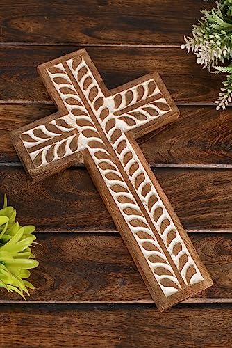NIRMAN Mango Wood Religious Catholic Cross Wall Hanging Floral Carvings Living Room Home Décor for Entryway Office Living ...