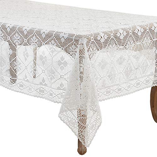 SARO LIFESTYLE Cressida Collection Crochet Design Tablecloth, 65" x 88", White