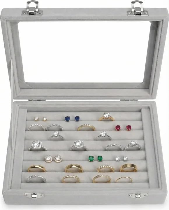 EONGOA Jewelry Box Rings Organizer Tray 7 Slots Velvet Jewelry Earring Storage Box With Transparent Lid Jewelry Display Ca...