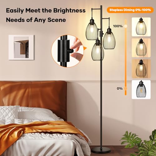 Dimmable Floor Lamp, 3 x 800LM LED Edison Bulbs Included, Farmhouse Industrial Floor Lamp Standing Tree Lamp with Elegant ...