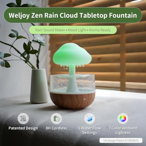 Weljoy Mushroom Cloud Rain Lamp, 7 Color Changing LED Tabletop Fountain with Water Drip Sounds, USB Rechargeable Desk Deco...