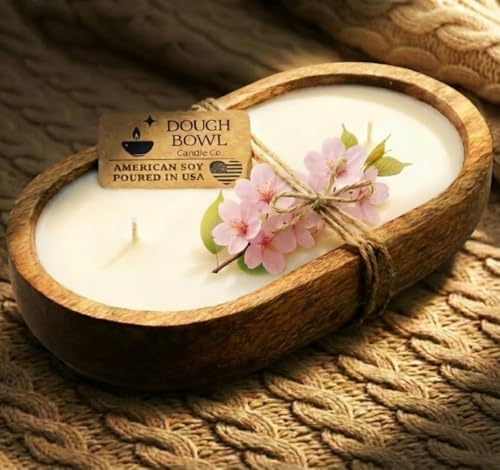 Dough Bowl Candle Co. Cherry Blossom and Citrus Soy Candle - 3 Wick Rustic Farmhouse Decor Odor Eliminator in Wooden Bowl...
