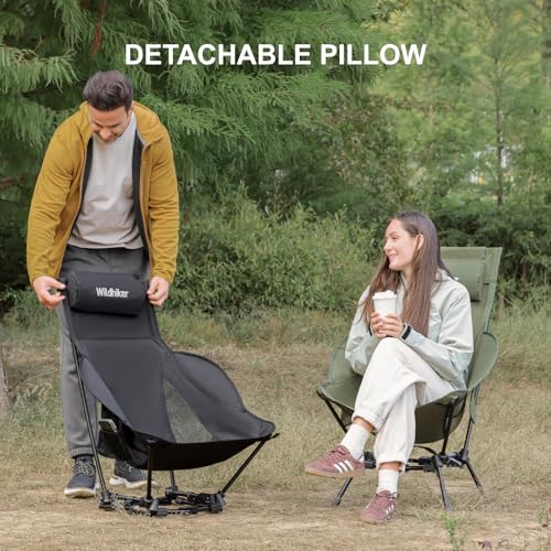 Wildhiker Compact High Back Camping Chair - Foldable with Dual Sitting Modes, Pillow, Arm Pads and Side Pockets - Lightwei...