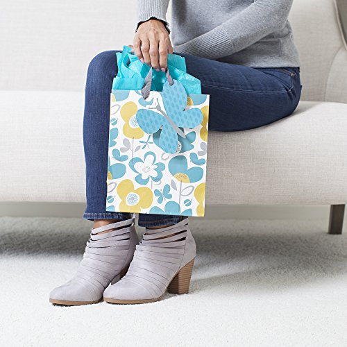 Hallmark 9" Medium Gift Bag with Tissue Paper (Flowers and Butterflies; Turquoise and Yellow) for Birthdays, Mothers Day, ...