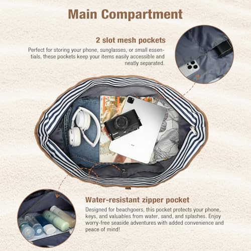 Lekespring Beach Bag for Women - 35L Large Tote Bag, Waterproof & Sandproof, Zippered Carry On Bag for Pool, Beach & Travel