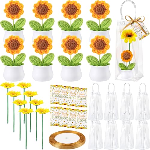 FunooFuno 8 Set Crochet Sunflower Pot with Artificial Flower Ballpoint Pen Bags Cards Ribbon Sunflower Floral Potted Plant...