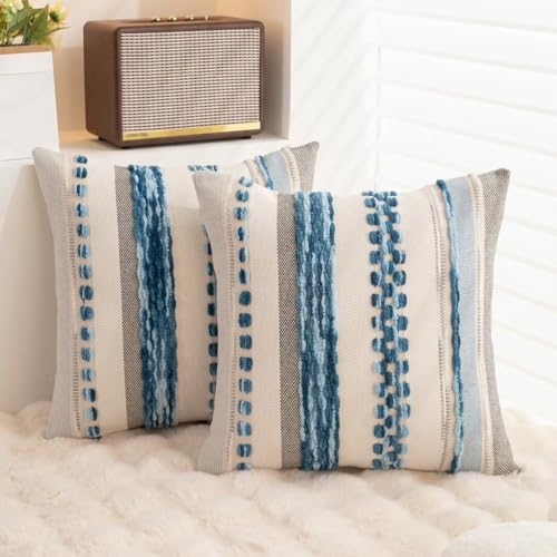 WANLIRD Boho Throw Pillow Covers 18x18 Set of 2 Farmhouse Decorative Cushion Case Striped Square Pillows Cover Chenille Pi...