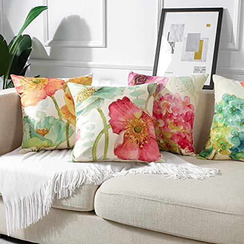 Artscope Set of 4 Waterproof Throw Pillow Covers 20x20 Inches, Hydrangea and Lotus Pattern Decorative Cushion Covers, Perf...