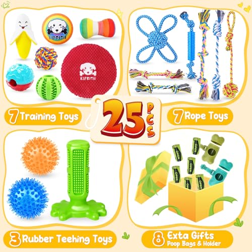 KIPRITII 25 Pack Dog Toys Set – Ideal for Teething, Entertainment & Interactive Play, Includes Puppy Toys, Rope Toys, Trea...