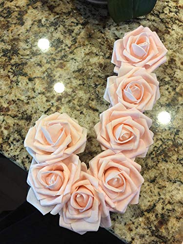 Higfra Artificial Flowers 25pcs Real Looking Blush Foam Fake Roses with Stems for DIY Wedding Bouquets White Bridal Shower...