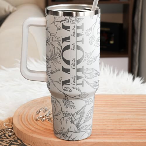 Pandzee Personalized Engraved 40oz Tumbler, Custom Kids' Names Tumbler, Floral Mom Mother's Day Gifts, Gift for Grandma Gr...