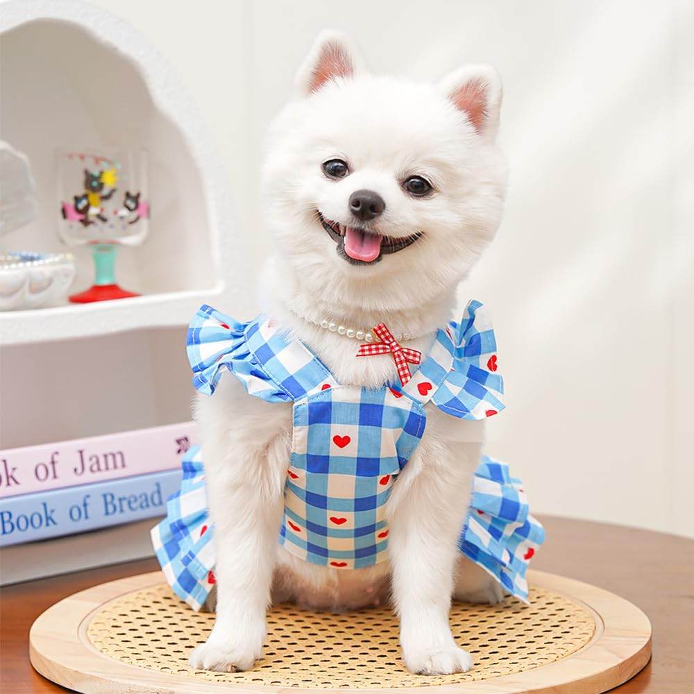 Red Plaid Small Dog Dress Girl Spring Cat Clothes With Heart Pattern Summer Pet Dresses For Dogs Cats Cute Puppy Outfit For Small Dog With Leash Ring