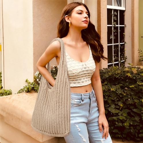 Gaudiwel Knitted Shoulder Tote Bag Large Crochet Beach Bag Hobo Bag Aesthetic Tote Handbags for Women