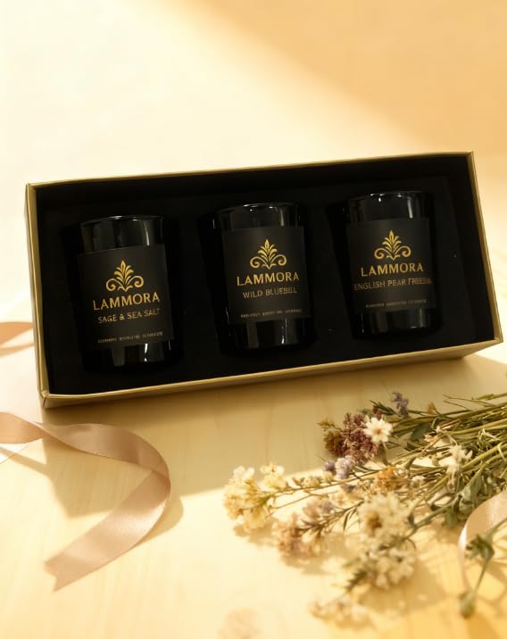 Lammora Aromatherapy Candle Gift Set – 3 Scented Candles (English Pear & Freesia, Sage & Sea Salt, Bluebell) – Natural Soy...