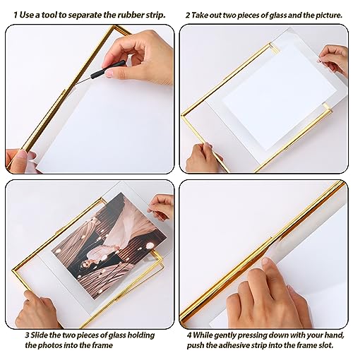 Fixwal Gold Floating Picture Frame Set of 2, 8 x 10 Tempered Glass, Tabletop Display, Multi Size Including 6 x 8, 5 x 7