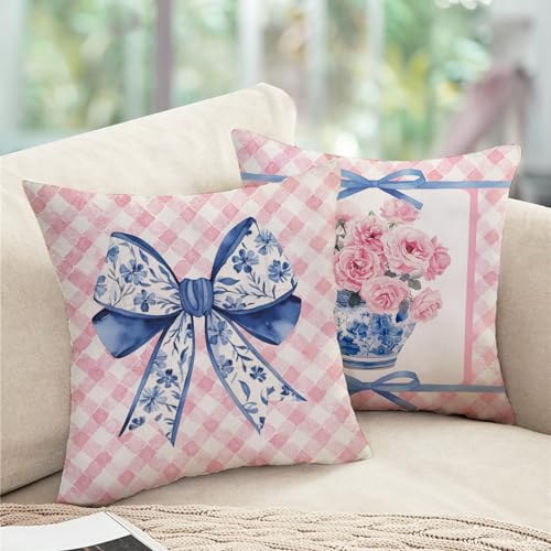 Fjfz Pink Rose Flower Bow Decorative Throw Pillow Covers 18 x 18 Set of 2, Chinoiserie Blue and White Porcelain Floral Coq...