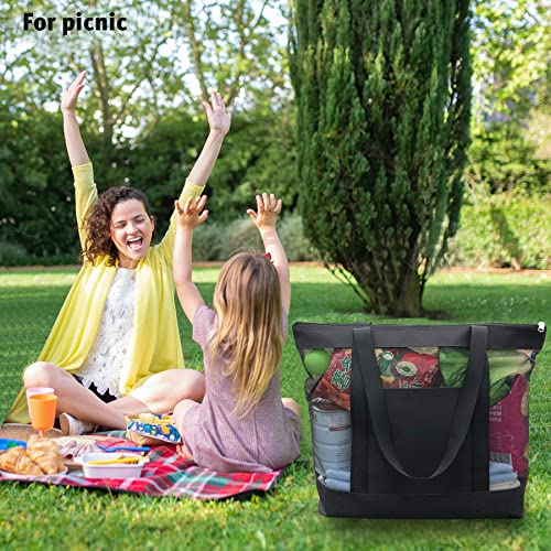 hsmyank 2Pack Lightweight Mesh Tote Bag,Sandproof Beach Bags with Zipper &Double Pocket For Groceries,Poolside,Travel,Towels
