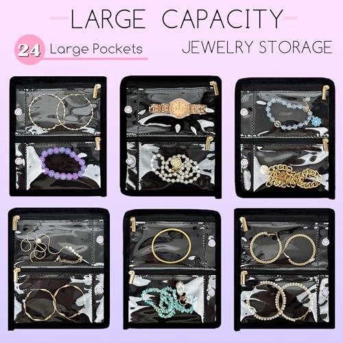LingLingo Travel Jewelry Organizer Case,Jewelry Bags for Traveling, Jewelry Binder with 24 Pcs Clear Zipper Velvet Pouches...