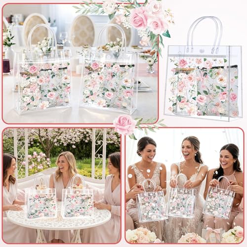 LemonRoad 24 Pcs Bulk Gifts Sets, Pink Floral PVC Transparent Bag 16 oz Glass Cups with Lids and Straws Cosmetic Bag Flowe...