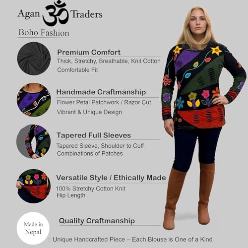 Agan Traders 2026 Summer Bohemian Tops for Women - Rib Knit Cotton Funky Patch Retro Hand Women's Embroidered Blouses