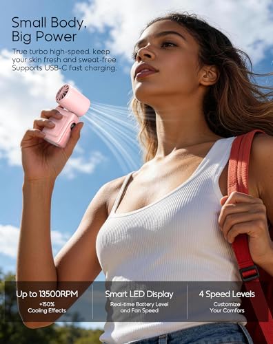 Portable Clip-On Mini Fan, Hands-Free, Turbo Personal Handheld Fans Rechargeable w/ 4 Wind & LED Display, Pocket Size Summ...