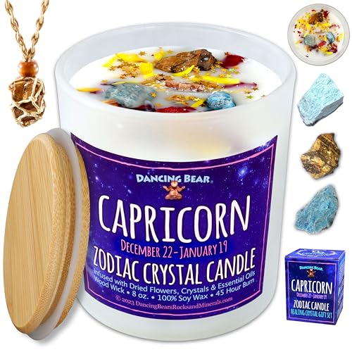 DANCING BEAR Capricorn Zodiac Candle Gift Box Set with 3 Healing Crystals & Stone Holder Necklace, 100% Soy Scented Wax, C...