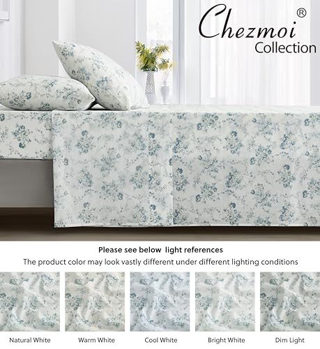 Chezmoi Collection Gigi 4-Piece Floral Cotton Sheet Set King- Elegant Blue Ivory White Floral Printed 100% Cotton Bed Sheets
