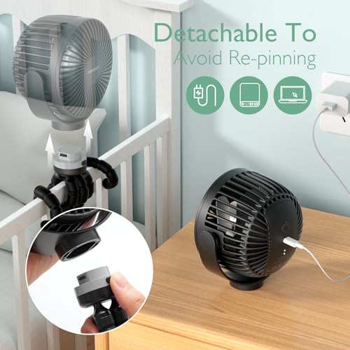 Momcozy 8000mAh Portable Stroller Fan | 27H Ultra-long Battery Life | Detachable 4 Speed 360°Rotate | 2 Modes LED Night Li...