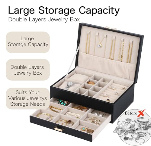 HofferRuffer Jewelry Box with Drawer for Women‌ Girls, Faux Leather Storage Jewelry Organizer Jewelry Case with Two Layers...