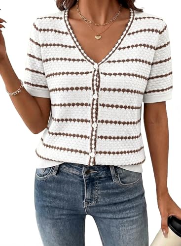 Dokotoo Cardigan Sweaters for Women Spring Summer Short Sleeve Crochet Striped V Neck Button Casual Lightweight Knit Tops