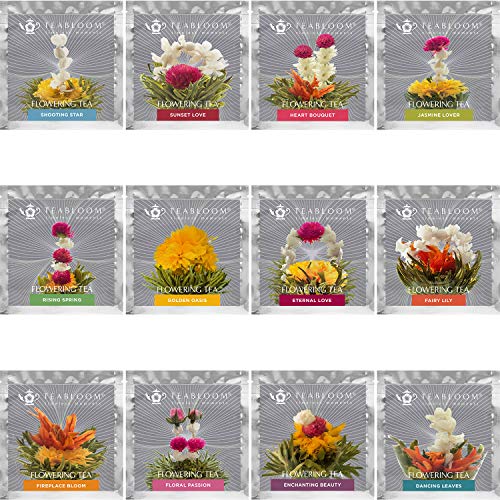 Teabloom Flowering Tea - 12 Unique Varieties of Fresh Blooming Tea Flowers - Hand-Tied Natural Green Tea Leaves & Edible F...