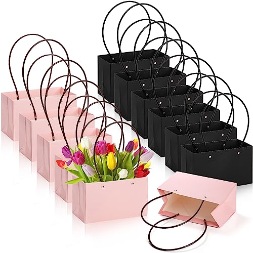 DEAYOU 12 Pack Kraft Paper Flower Gift Bags, Bouquet Bag Box with Handle, Small Paper Carrier Tote Bags with Waterproof Li...
