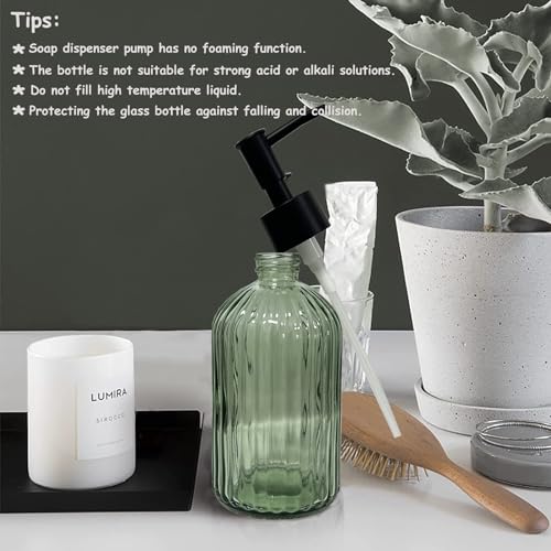 Green Glass Soap Dispenser Set with Black Pump, 13.5oz Refillable Liquid Hand Soap Dispenser, Lotion Dish Soap Dispenser f...