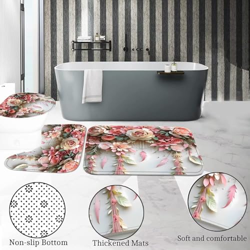 DDQQ Pink Flower Bathroom Shower Curtain Set, Romantic and Cute Rose Floral Polyester Bathroom Decor Set with Shower Curta...
