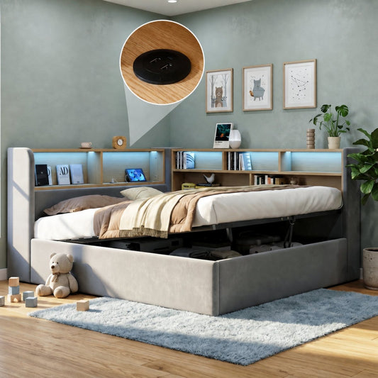 Daybed, L-shaped Upholstered Hydraulic Lift-Up Storage Bed, Sofa Bed With Storage, LED, USB Charging Port, 4FT6 Double Bed 135x190cm, Hydraulic Storage Bed Frame, Velvet, Grey