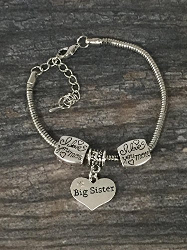 Infinity Collection Big Sister Bracelet – Silver-Tone Heart Charm Jewelry with I Love You More Beads – Adjustable Gift Bra...