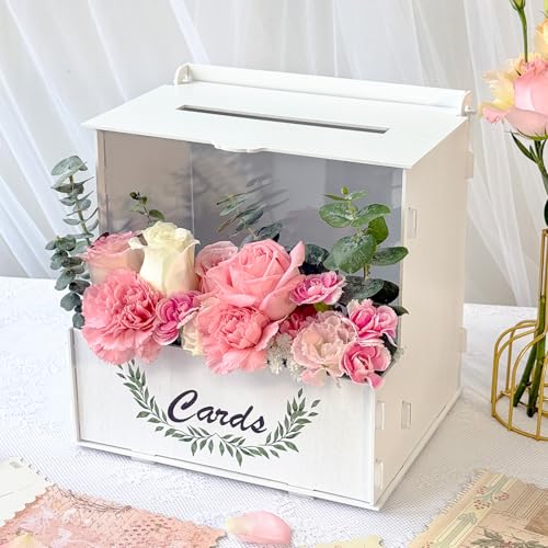 OurWarm Wooden Wedding Card Box with Acrylic Board & Flower Trough, White Gift Card Box for Wedding, Envelope Boxes for Gi...