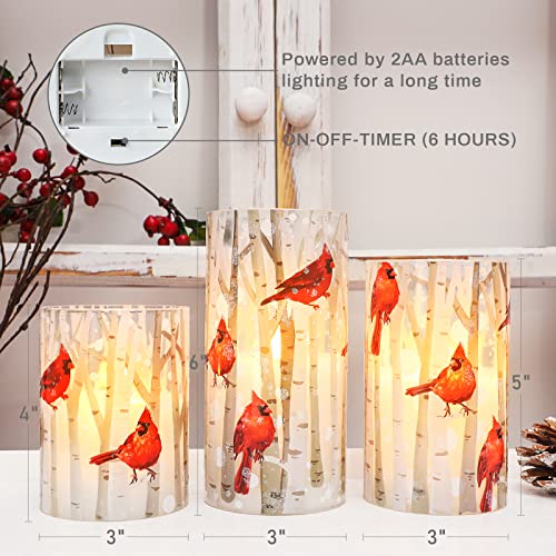 Crystal Club Flameless Candles, Cardinal Theme, (Set of 3) Battery Operated LED Candles with Remote, Real Wax & Glass Effe...