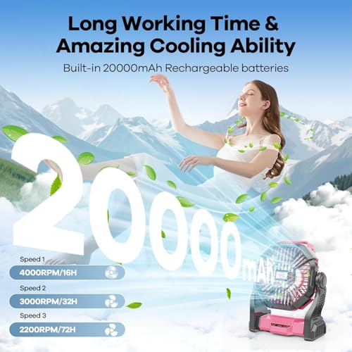 DOWILLDO 20000mAh Portable Battery Powered Camping Fan - with LED Light, Quiet Battery Operated, Camping Gear for Travel, ...