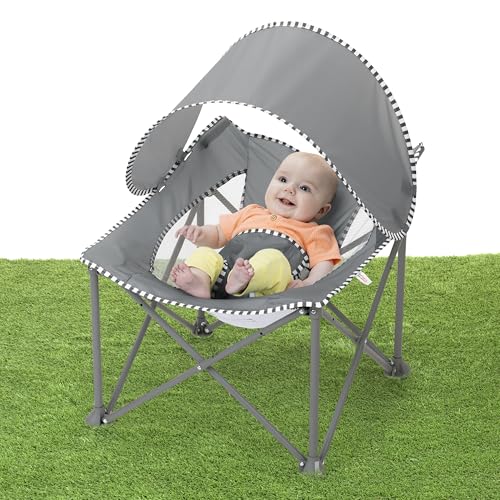 Bright Starts Pop 'N Chill Portable Infant Beach Chair, Travel Seat with UPF 50+ Canopy, Indoor/Outdoor Baby Seat, Grey, ...