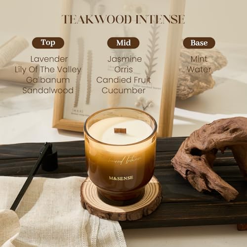 M&SENSE 9.88oz Natural Soy Wax Jar Candle with Wooden Wick | Teakwood Intense Scent | 55-Hour Burn & Long-Lasting Burn | H...