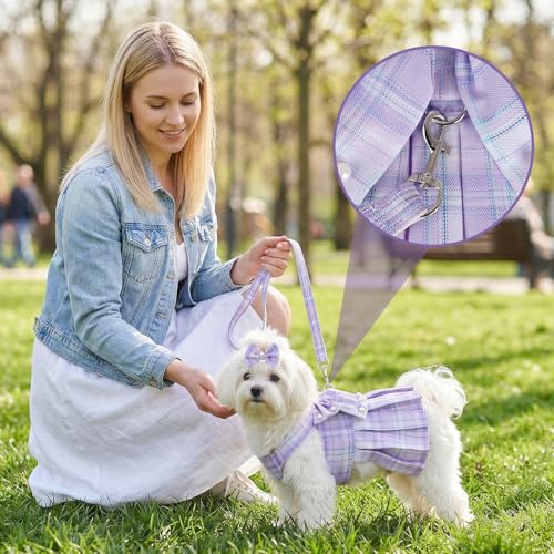 Yymobt Cute Plaid Dog Dress Clothes for Small Dogs Cats Girl Purple Plaid Dog Dress with Pearls Bow Tie Harness Leash for ...