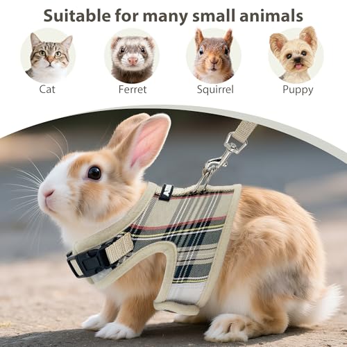 AIITLE Bunny Harness and Leash Set Escape Proof - Magic Tape Design, Lightweight Plaid Pattern Mesh Padding, No Pull No Ch...