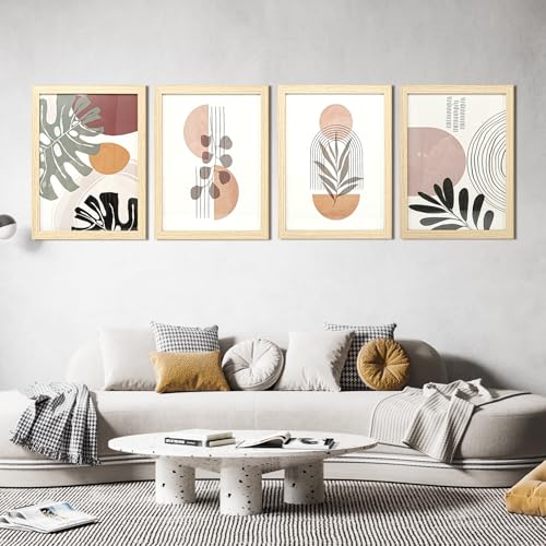 Art3d Framed Boho Wall Art Set of 4 for Wood Aesthetic Wall Decor for Living room Kitchen Hallway Bedroom, Neutral Botanic...