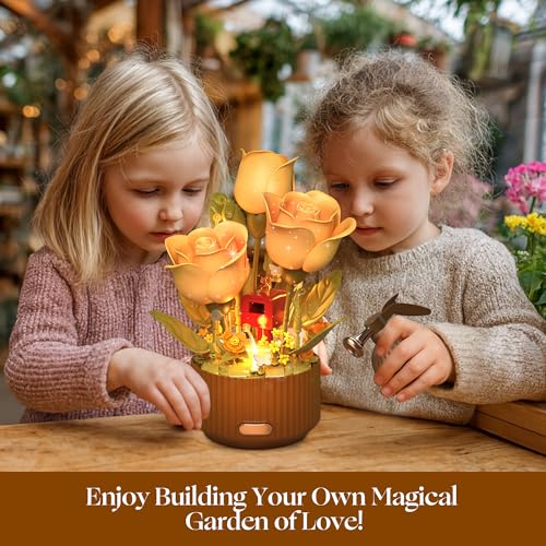 TekYetoi Magical Blooming Rose Building Set, Mothers Day Gifts for Mom - Electric Moving Flower Blocks with Interactive So...