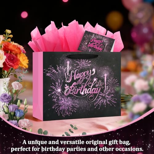 BeiLaad Pink Birthday Gift Bag with Tissue Paper and Greeting Card, 12.6“ Happy Birthday Gift Bags for Party, Fireworks De...