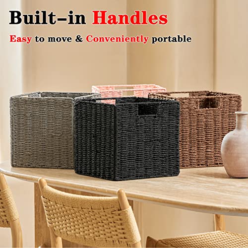 Vagusicc Wicker Storage Basket, Set of 2 Hand-Woven Wicker Basket, Foldable Cube Storage Bin, Black Storage Basket, Square...