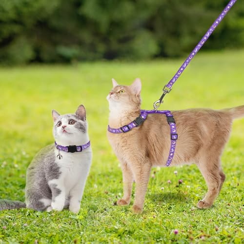 PAWCHIE Cat Harness with Leash and Collar Set - Escape Proof Adjustable H-shped Cat Harness with Star and Moon Pattern Glo...