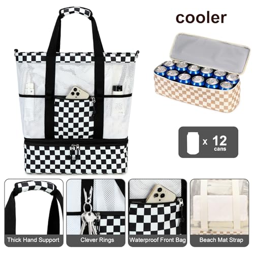 Bluboon Mesh Beach Tote Bag with Cooler Compartment Insulated Detachable Picnic Bag with Zipper and Pocket Pool Bag for Women